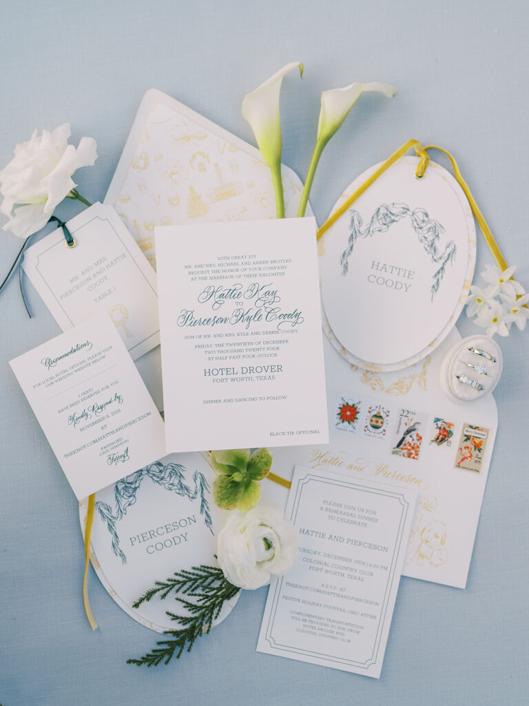 Winter wedding invitations with a custom toile pattern
